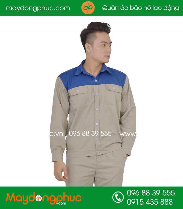 Quần áo công nhân may sẵn màu ghi phối xanh